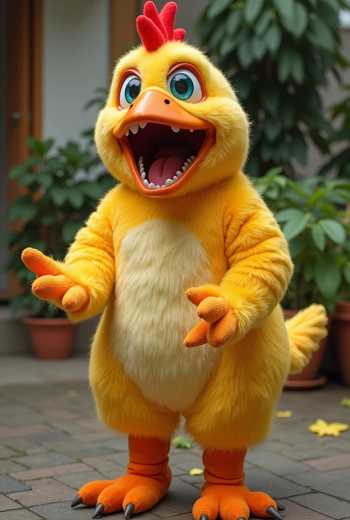 Chicken wear t Rex costume
