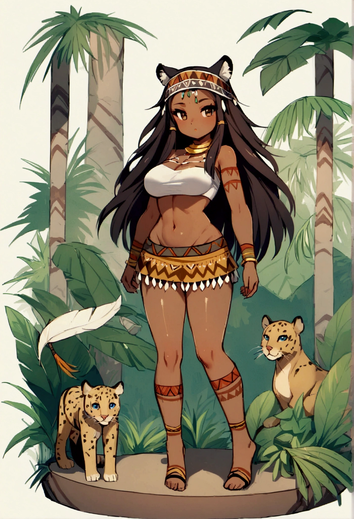 (whole body), (fully body), a girl, (africana tribal), skin tanned,  long  hair, wearing only a micro skirt, painted skin, headdress of feathers, bust on display, beautiful girl, Youngh, thick feathers, big boobies, background a jungle, panther on the side, warrioress, 