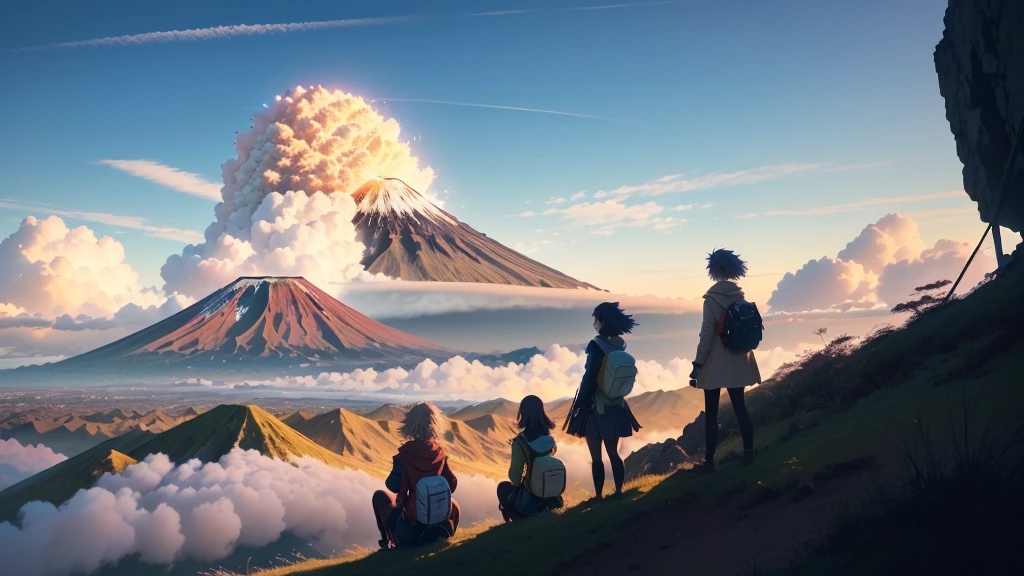Anime scene of a group of people standing on a hill with a volcano in the background., beautiful anime scene, animated landscape, beautiful animated landscape, animated clouds, 4k anime wallpaper, anime art wallpaper 4k, anime art wallpaper 4k, beautiful anime illustrations, animated landscape, anime art wallpaper 8k, 4k anime wallpaper, 4k anime wallpaper, animated landscape wallpaper
