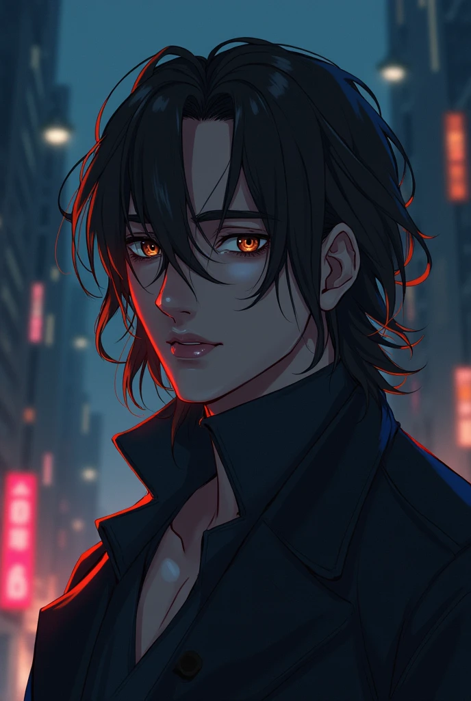 Man in his 30s、Sexy adult man、An ennui atmosphere、Long Bangs、Teardrop、Sidelong glance、Diagonal landscape、Brown eyes、Brown Hair、Droopy eyes、A frivolous smile、A little long hair、Semi-realistic illustrations with an anime feel、The background is a night city、Pink is not used