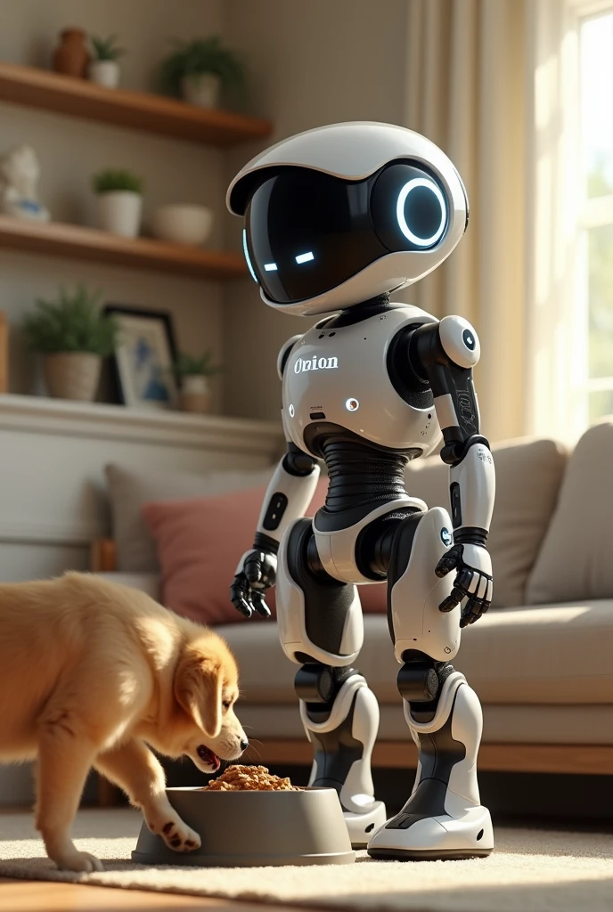 I would like to create a domestic robot whose name would be Orion, He has to have his name on his chest and I need you to have him do some household chores like putting out food for the dog.