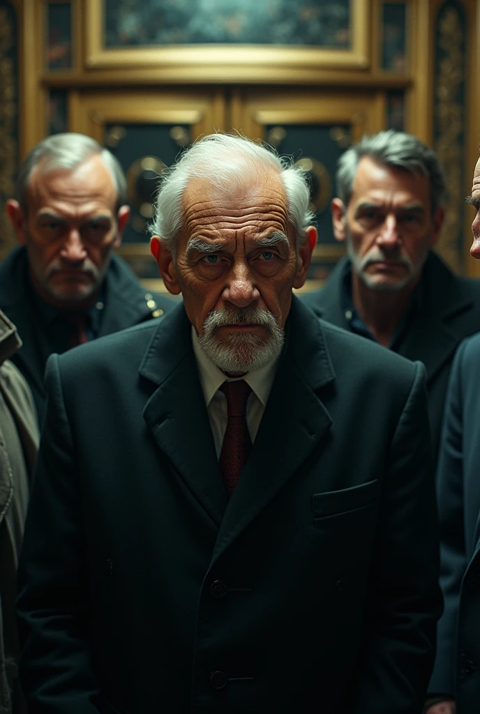 A old man hesit with his 4 team member a safety box heist create in high resolution in 16:9 format with high close up