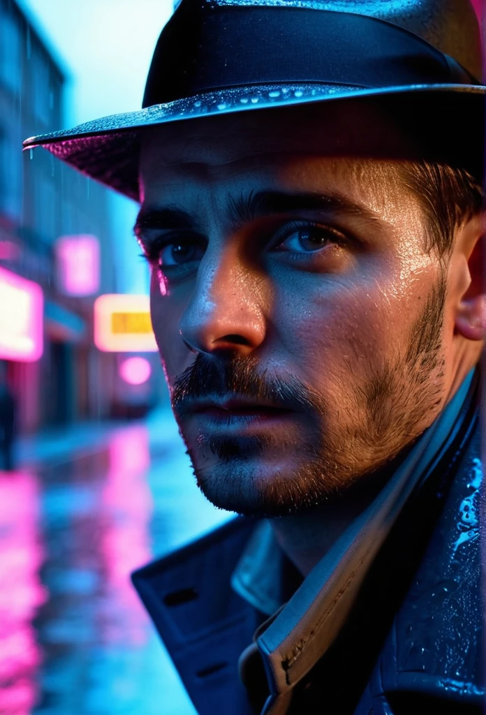 cinematic film still {Neon Noir Showdown: (masterpiece, 8K, UHD, photo-realistic:1.3), grizzled detective with (stubble and piercing blue eyes:1.1), (trench coat:1.2), fedora hat, in a rain-soaked alley, neon signs reflecting on puddles, tense standoff with shadowy figure, (vintage revolver:1.2), steam rising from the pavement, contrasting (neon pink and electric blue:1.1) lighting, close-up shot, side view, intense gaze, dramatic shadows, wet asphalt, moody and atmospheric, rain droplets mid-air, (anxious anticipation:1.1), detailed facial expressions} . shallow depth of field, vignette, highly detailed, high budget, bokeh, cinemascope, moody, epic, gorgeous, film grain, grainy