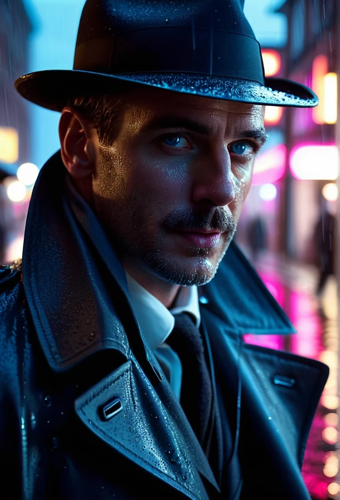 cinematic film still {Neon Noir Showdown: (masterpiece, 8K, UHD, photo-realistic:1.3), grizzled detective with (stubble and piercing blue eyes:1.1), (trench coat:1.2), fedora hat, in a rain-soaked alley, neon signs reflecting on puddles, tense standoff with shadowy figure, (vintage revolver:1.2), steam rising from the pavement, contrasting (neon pink and electric blue:1.1) lighting, close-up shot, side view, intense gaze, dramatic shadows, wet asphalt, moody and atmospheric, rain droplets mid-air, (anxious anticipation:1.1), detailed facial expressions} . shallow depth of field, vignette, highly detailed, high budget, bokeh, cinemascope, moody, epic, gorgeous, film grain, grainy