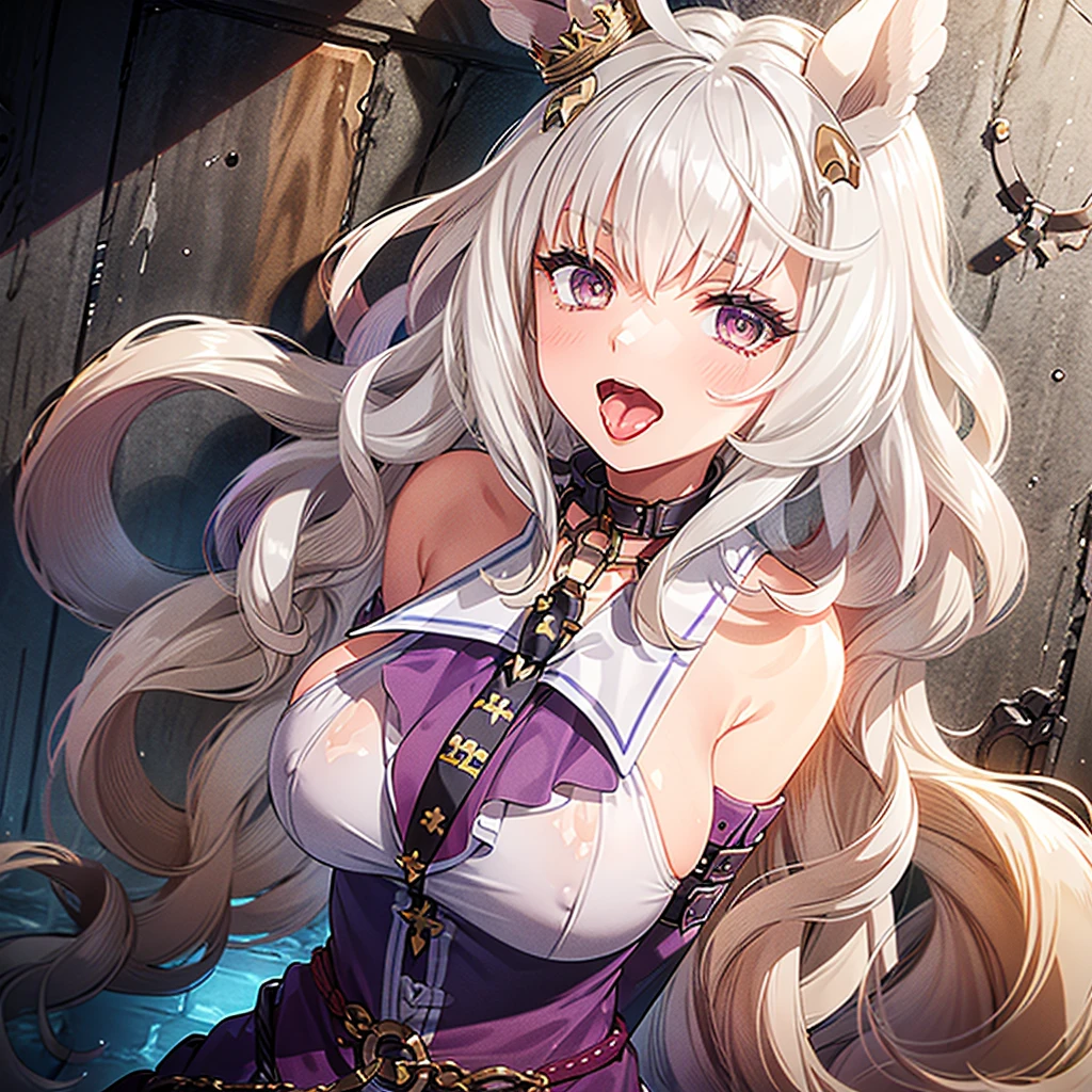 a naked sexy female with milk dripping from her nipples and boobs, chained to a wall, 1girl, breasts, solo, lactation, animal ears, nipples, horse ears, milking machine, tail, horse girl, tongue, purple eyes, brown hair, bound, collar, tongue out, bdsm, horse tail, bell, open mouth, bondage