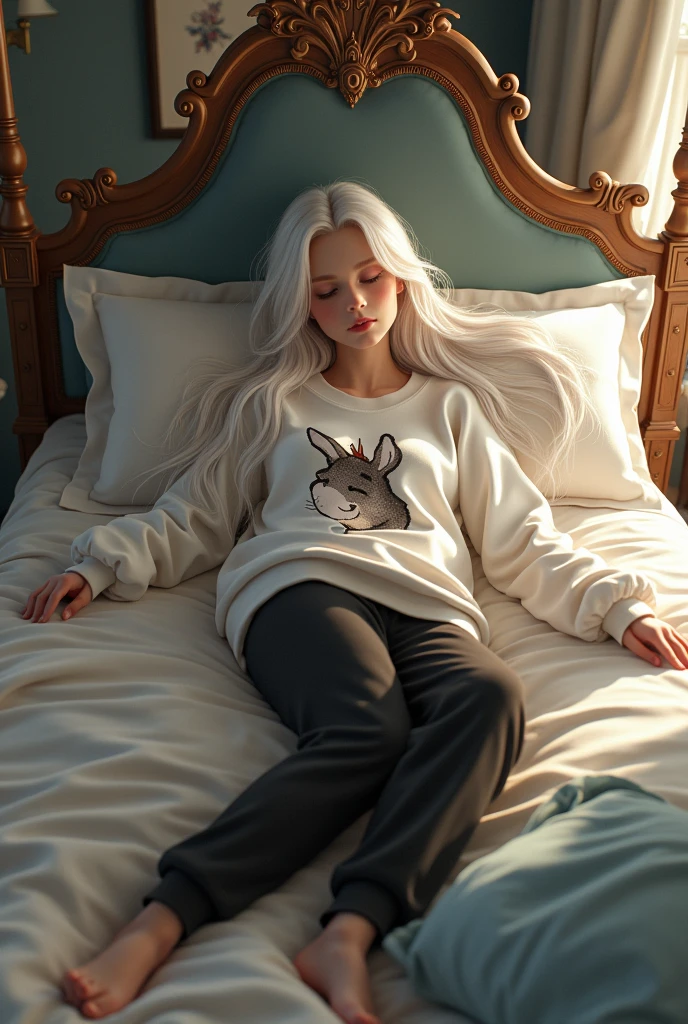 A girl with long white hair lying on the bed wearing a donkey sweatshirt and black pajama pants on a beautiful bed in a luxurious bedroom