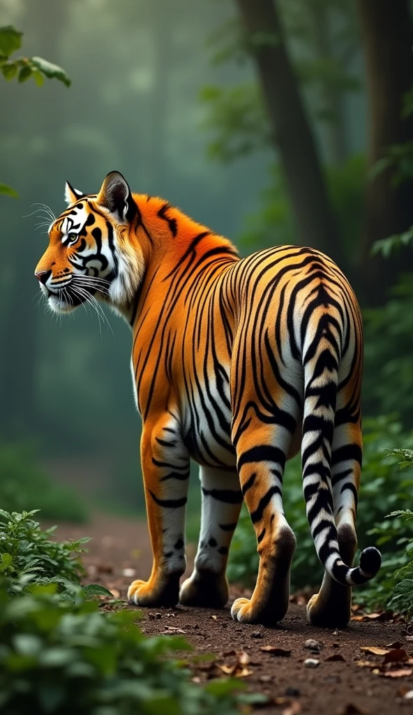 The tiger's full body, showcasing its entire stripe pattern from head to tail, modern day, standing in the jungle, the natural setting making it almost invisible, showcasing the uniqueness of its identity, full-body shot, hyper-realistic, photo realism, cinematography --ar 9:16.