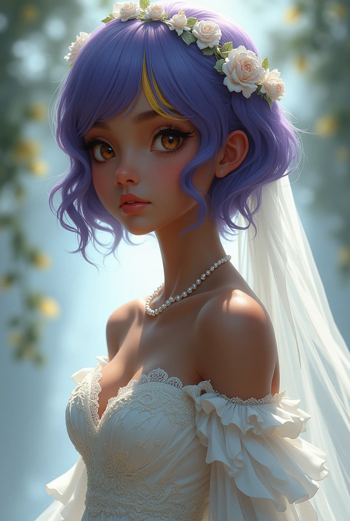 Dark-skinned girl, Short shoulder length purple hair to one side with a yellow streak in the front, Short neck, Pearl Necklace, Brown eyes, little chest, Wedding dress, Otome