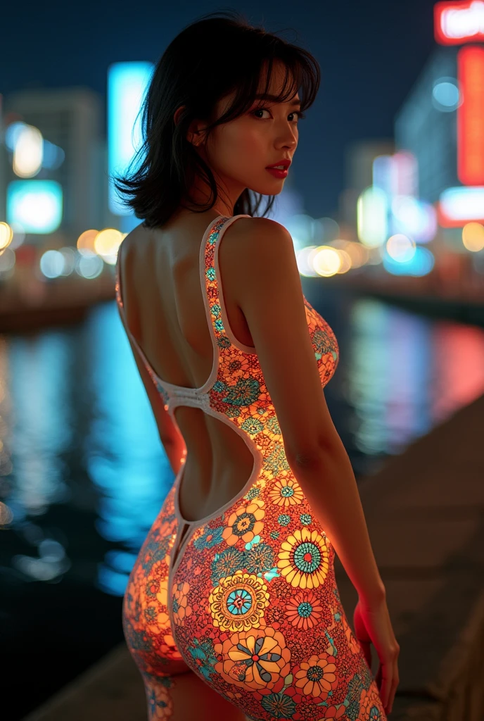 (masterpiece, Highest quality), 8k,(((Very detailed))), Race:1.8, Super intricate Race pattern, colorful Race pattern, Stained glass transparent body, Mandala,light up, 1 female, Open Back, 18 years old、Japanese, Photo of Lee Jae,  sultry body with セクシー belly, Sexy girl, Young sensual elegance, Sexy body, Sexy look, Very Short Hair、Shooting at a port with a beautiful night view、 Intelligent face、Narrow waist、Large Breasts、drool coming out of the mouth、Smile a little、EOS 50ｍｍ F2, Blur the background、Shooting from behind、Lighting the face、Butt、whole body、