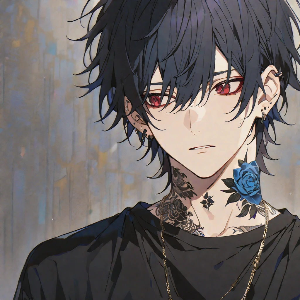 alone, 1 male, Black Hair, Red eyes, Black Shirt, ear piercing,Blue rose tattoo on neck,Gold Necklace