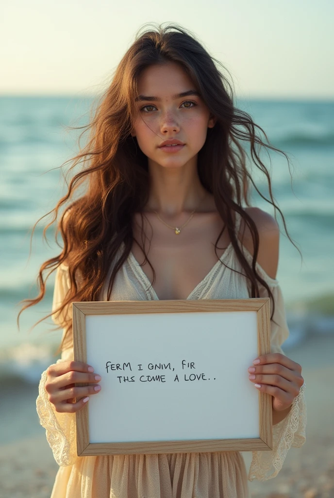 Beautiful girl with wavy long hair, bohemian dress, holding a white board with text "I Love Seaart Infinity" and showing it to the viewer