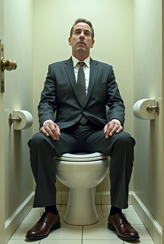 Man in formal clothes with half his body stuck inside a toilet