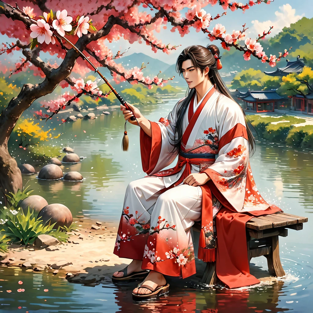 best quality,masterpiece,Ultra-high resolution,(photoactual:4:0),Peach blossom tree,One,hansome,dashing,Immortal temperament,20 year old oriental man,long hair shawl,Red and white long robe,sit on the river bank,Peach blossom tree下,Master the wine gourd in one hand,drink wine,Hold the fishing rod in the other hand,fishing