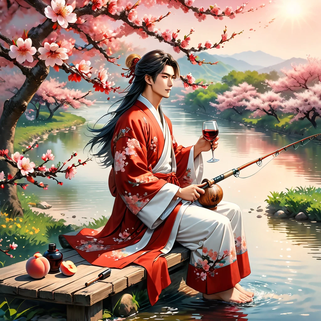 best quality,masterpiece,Ultra-high resolution,(photoactual:4:0),Peach blossom tree,One,hansome,dashing,Immortal temperament,20 year old oriental man,long hair shawl,Red and white long robe,sit on the river bank,Peach blossom tree下,Master the wine gourd in one hand,drink wine,Hold the fishing rod in the other hand,fishing