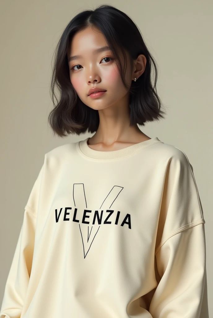 Create a photo of an ai model wearing a creame colour oversized tshirt and on the tshirt it's written VELENZIA with black colour on the chest and a v logo