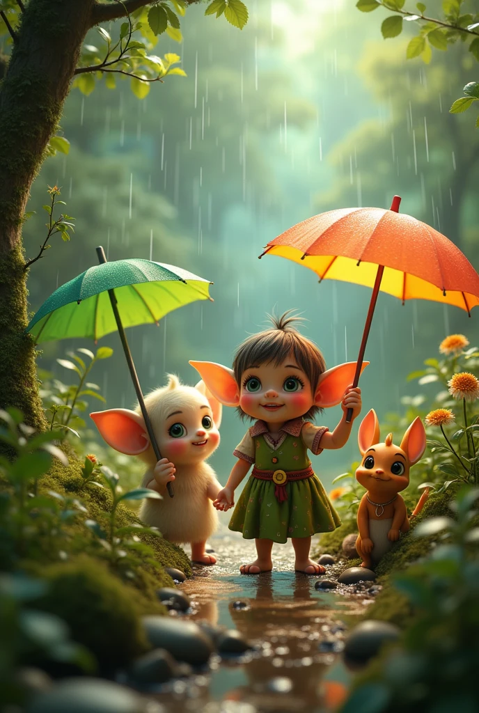 A tender little elf enjoying the rain with his friends, (best quality,4k,8k,highres,masterpiece:1.2),ultra-detailed,(realistic,photorealistic,photo-realistic:1.37),fantasy,fairy tale,whimsical,adorable elf,detailed face,big eyes,cute smile,rain,umbrella,forest,lush greenery,magical atmosphere,vibrant colors,warm lighting