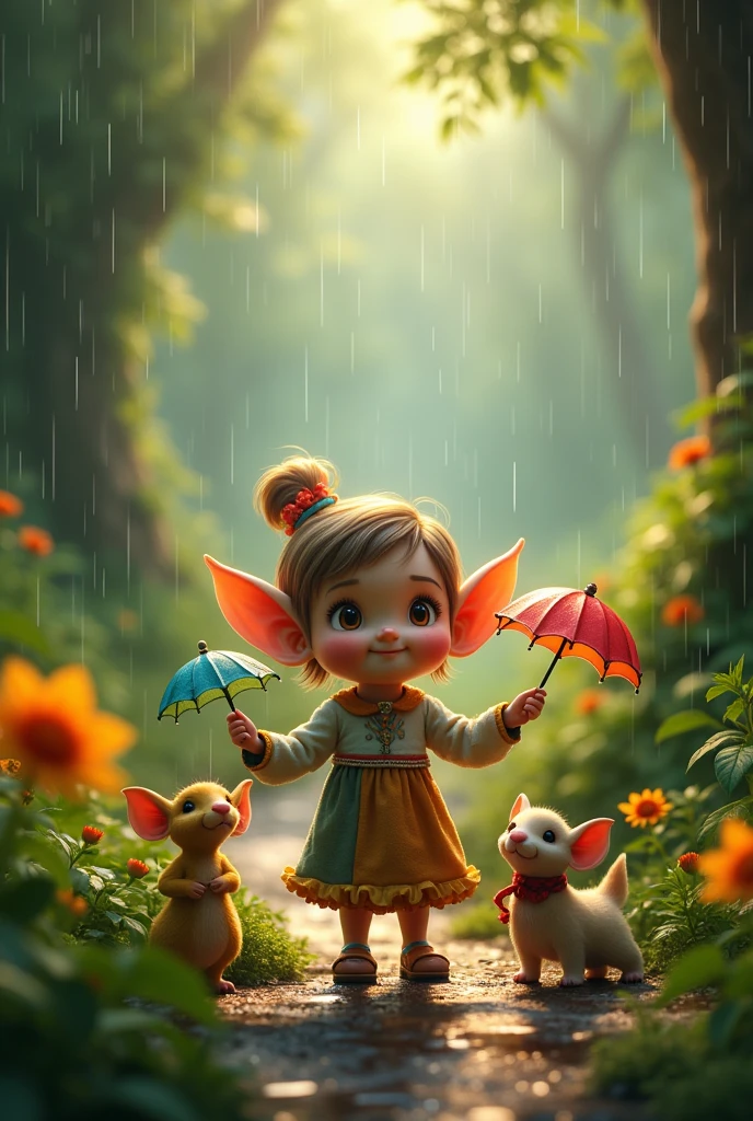 A tender little elf enjoying the rain with his friends, (best quality,4k,8k,highres,masterpiece:1.2),ultra-detailed,(realistic,photorealistic,photo-realistic:1.37),fantasy,fairy tale,whimsical,adorable elf,detailed face,big eyes,cute smile,rain,umbrella,forest,lush greenery,magical atmosphere,vibrant colors,warm lighting