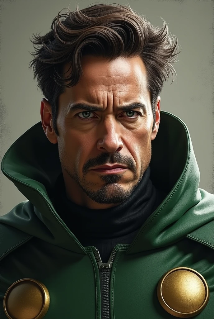 Create a realistic image of Robert downey junior as the Marvel villain doctor doom with a serious face and without mask
