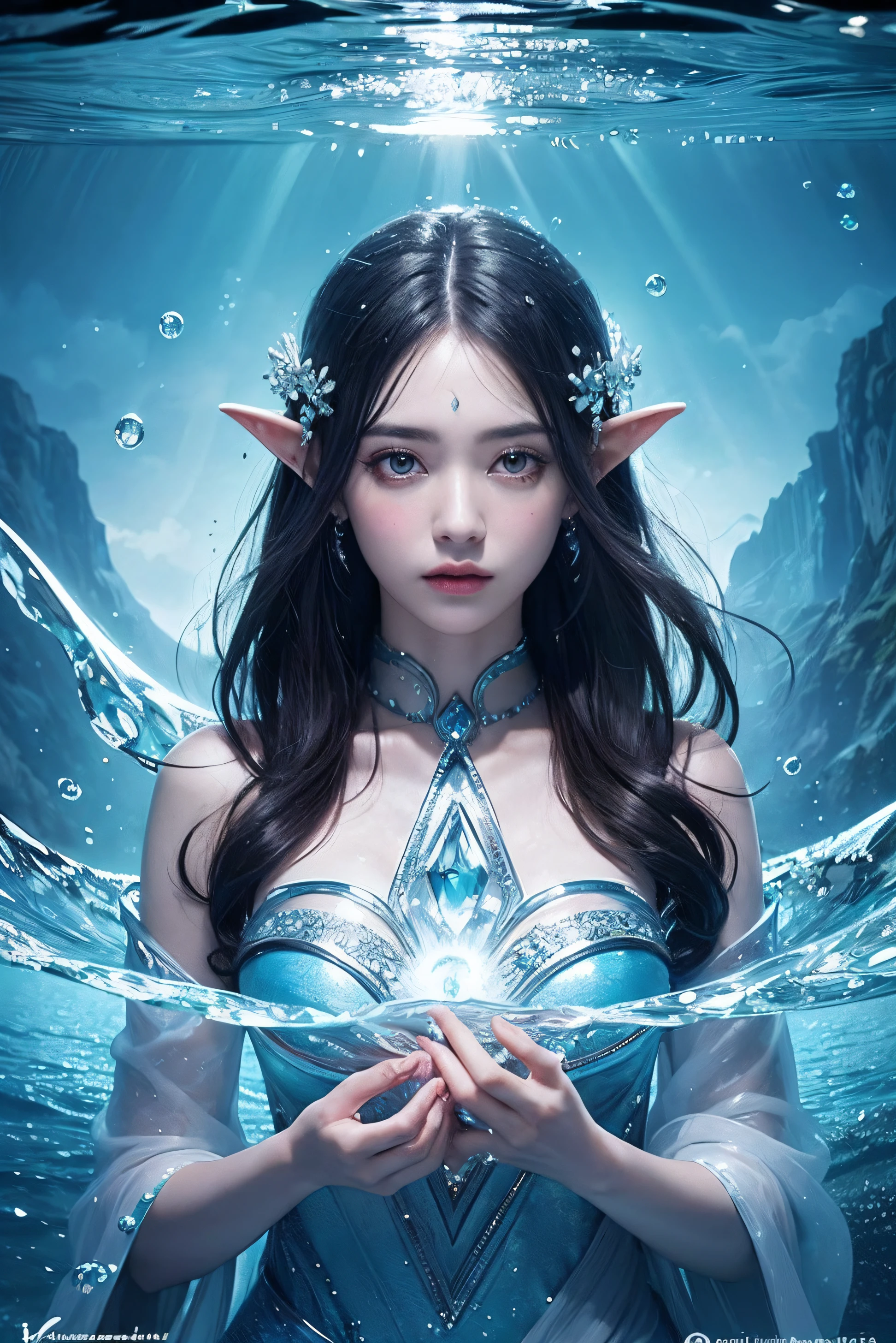 (tmasterpiece,top-quality,optimum,offcial art,Beautiful and aesthetic,Long exposure:1.2),Smooth movement,Charming Patterns, 1 girl,Adult Russian woman,freckle,Jade Eyes,Black lob hair,Lots of bubbles, sportrait,solo,The upper part of the body,Gaze the observer,detailedbackground,Detailed face,(crystallineAI, crystalline theme:1.1),Elemental Water Elves,Swirl water,Control the water,Clothes for fantasy magicians,dynamicposes,particles floating,Ethereal power,water,vaporous,the ocean in the background,blue tint,shores,Ethereal atmosphere
