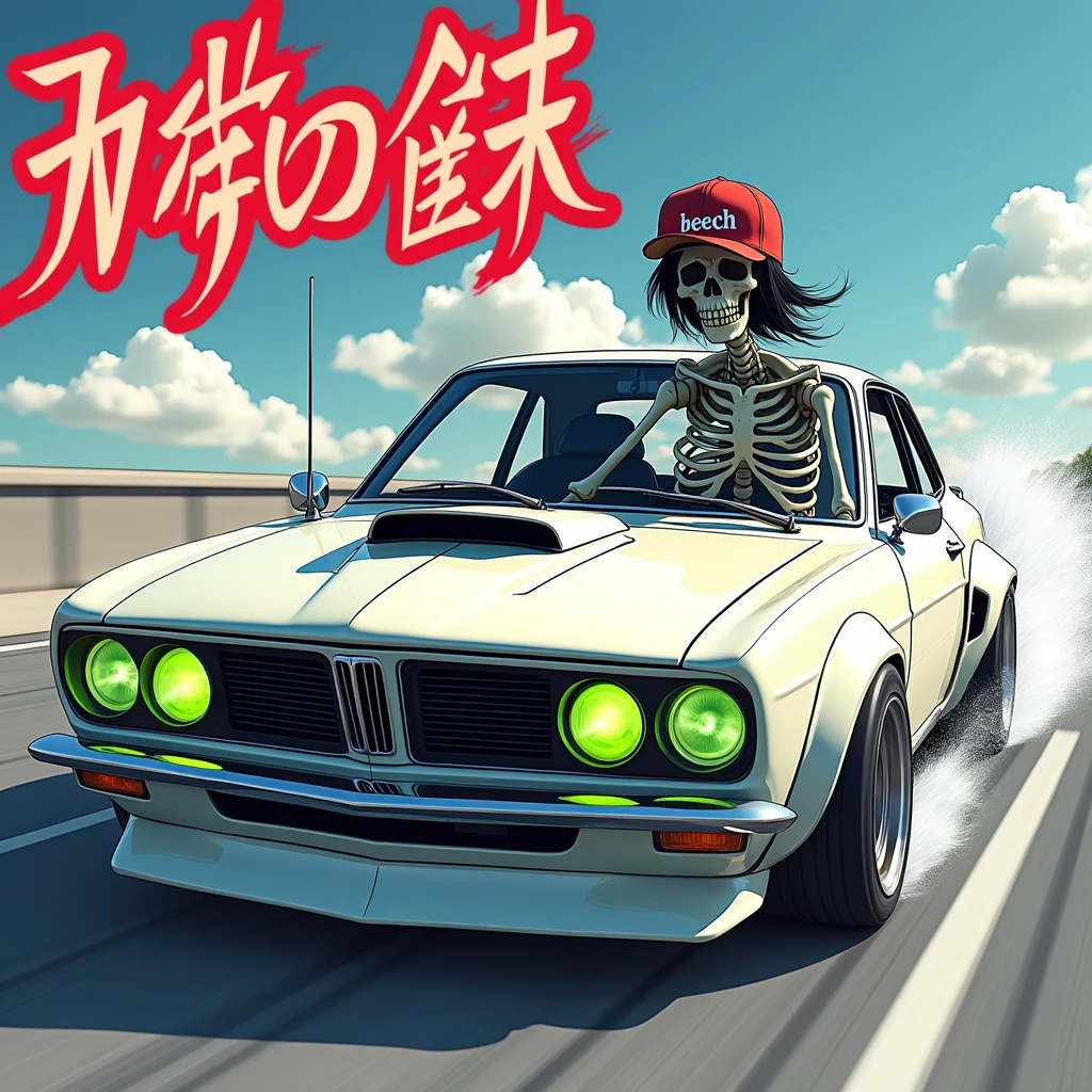 A text saying (DANBOMMANE) with a 3D anime manga look, In the background a modified white Japanese car with green headlights and low suspension skidding, As a pilot, a skeleton with bright white eyes and hair reaching to the ear with a cap with text saying (beech)