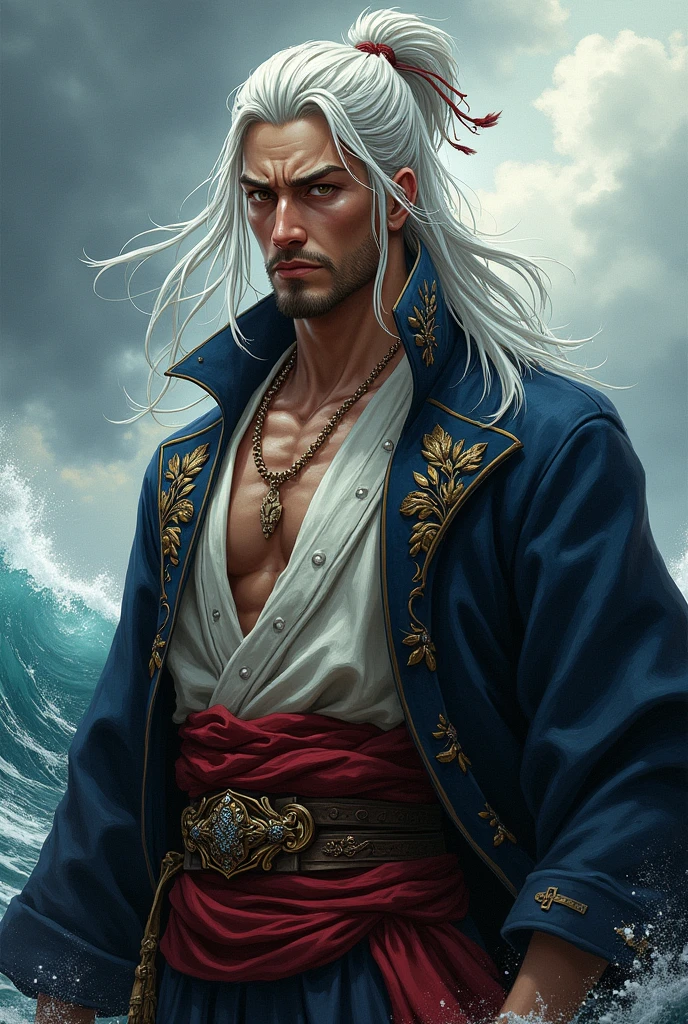 Drawing of a Japanese male pirate captain, white hair