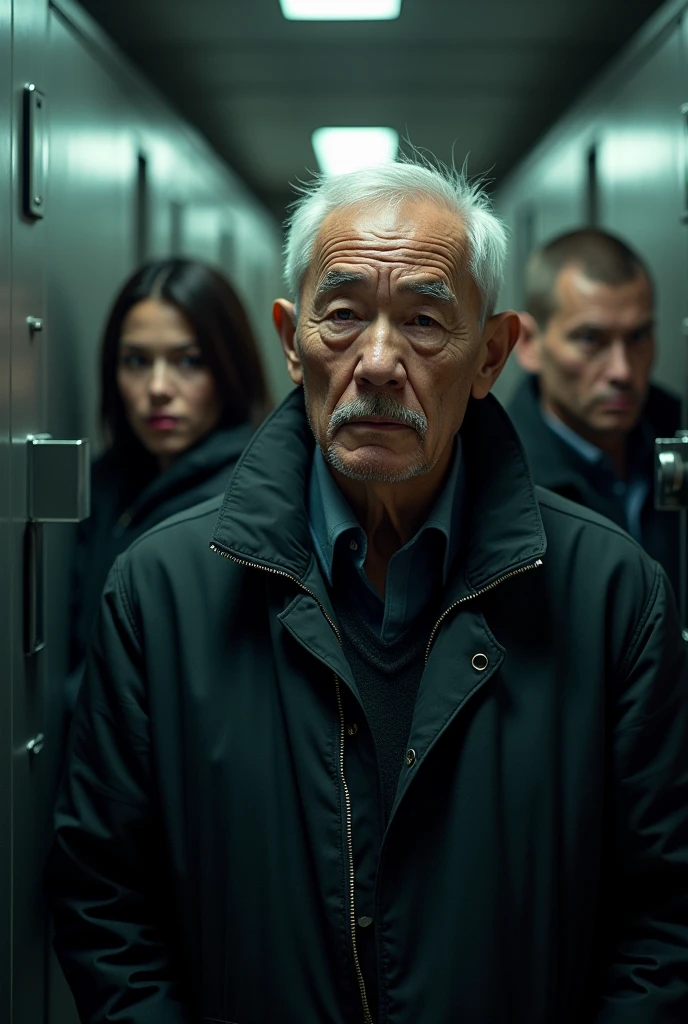 A old man hesit with his 4 team member a safety box heist create in high resolution in 16:9 format with high close up with his team member