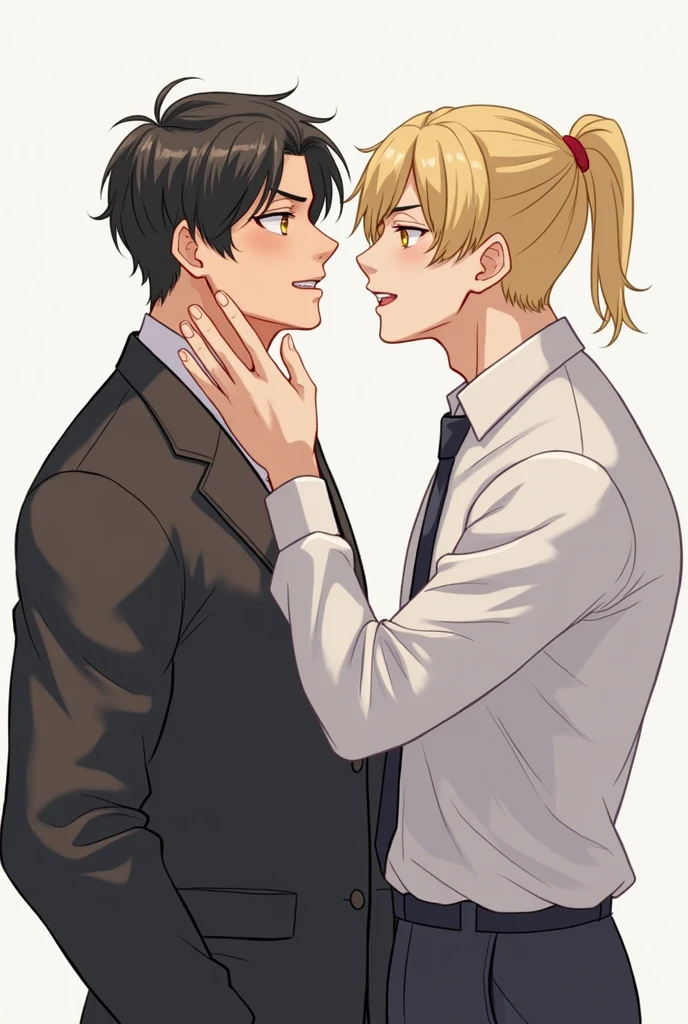 Muscular man, beautiful and youthful face, clear skin, semi wavy black hair, Slightly styled and a bit short hair, yellow eyes, dressed in a suit, smiling embarrassed, already by his side, a blond man with a ponytail, taking his chin to bring it closer. Simple digital drawing.