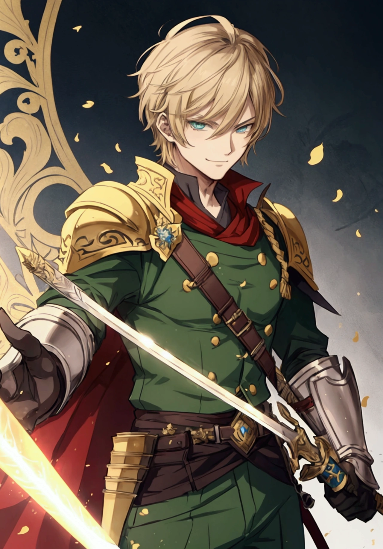 (Masterpiece), ((Highest Quality)),(Official Art),dynamic pose:1.2),(1 solo anime man: 1.3). A hot-blooded soldier with short light blonde hair, wide happy grin, and green imperial guard armor. He wields a large sword standing in the battlefield. Detailed picture. Detailed eyes. Masculine jaw. Soft fairytale picture Arthur Rackham-style. Colorful, best detailed ((super detailed)), (highly detailed 2D anime man illustration), ((epic and beautiful))