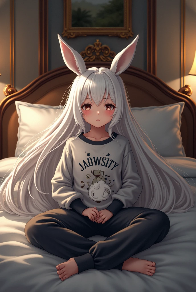 A girl with long white hair lying on the bed wearing a donkey sweatshirt and black pajama pants on a beautiful bed in a luxurious room she is going to sleep