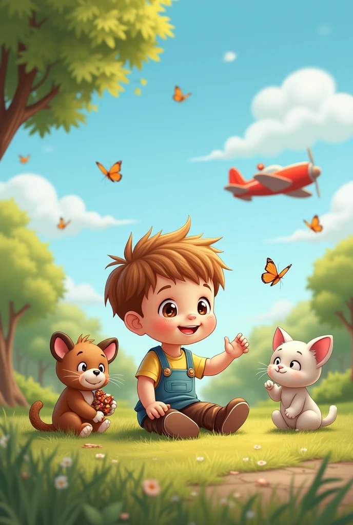 Cute  boy with teddy in hand.sitting in park  with cute kitten is  catching  butterflies .the sky is blue and there is a plane.  Toy shop and candy shop