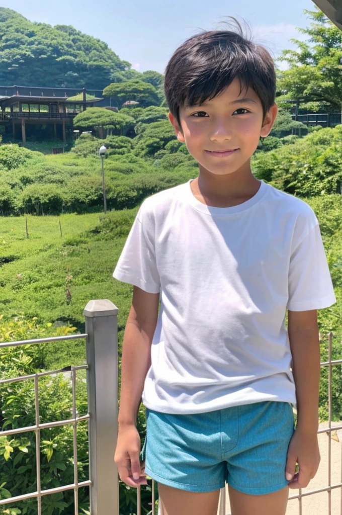 A tanned -yeld Jaese boy wearing shorts during summer vacation　Clear eyes