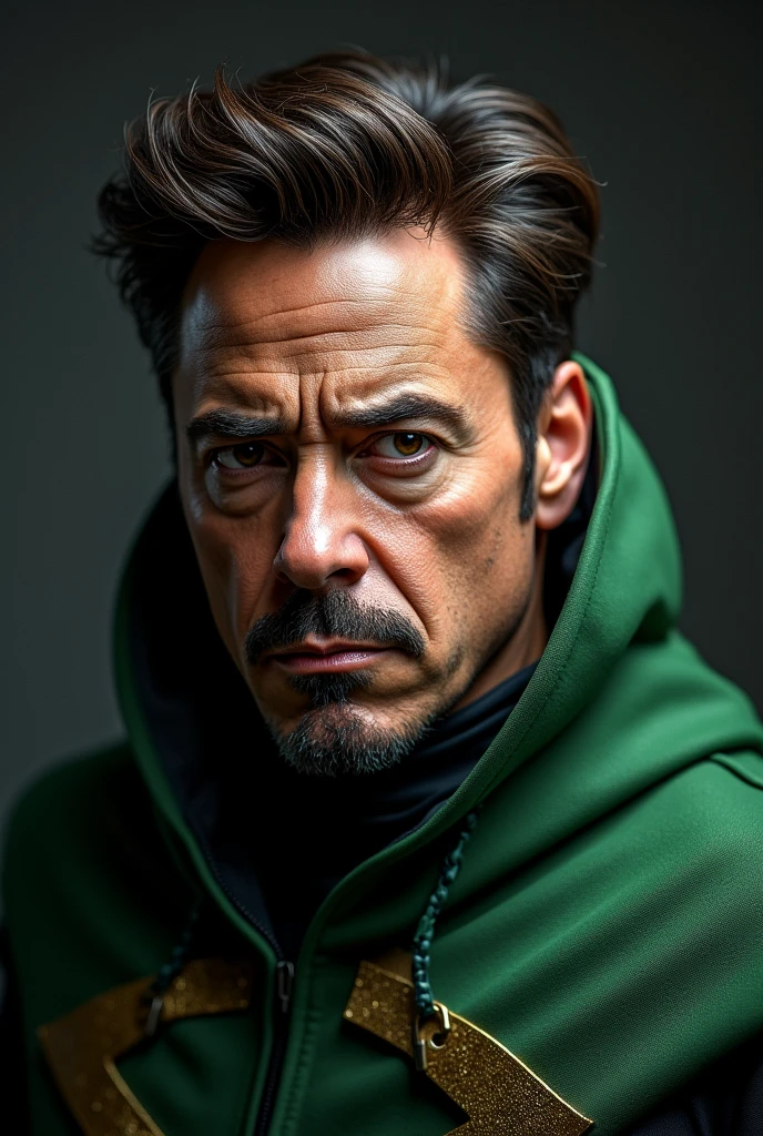 Create a hyper realistic image of Robert downey junior as the Marvel villain doctor doom with a serious face and without mask