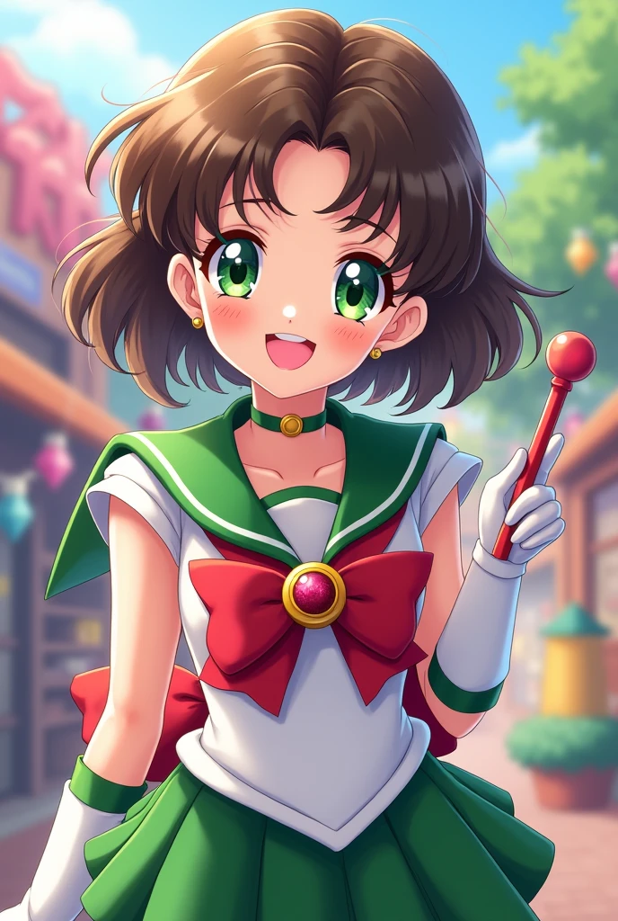 anime girl, short brown hair, green eyes, cheerful expression dressed as Sailor Moon Pluto