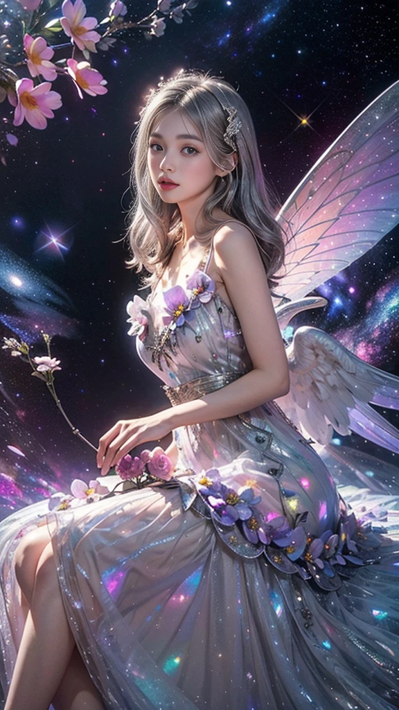 4k ultra hd, masterpiece, a girl, good face, detailed eyes, detailed lips, flower fairy girl, big wings, transparent wings, neon lights, (galaxy background:1.5), (flower dress:1.8), (silver dress:1.5), in the heaven, sitting,