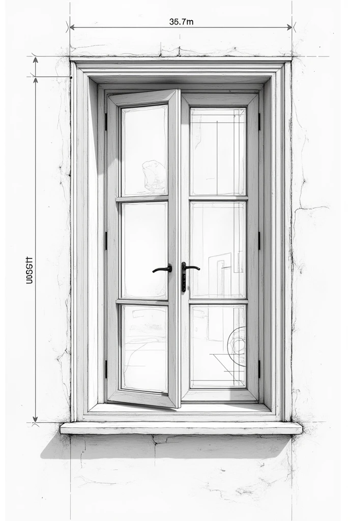 French window in engineering drawing with its structured list of materials Basic drawings: Plant, Front lift, lateral raise, Back elevation and isometric Assembly drawing or explosion diagram