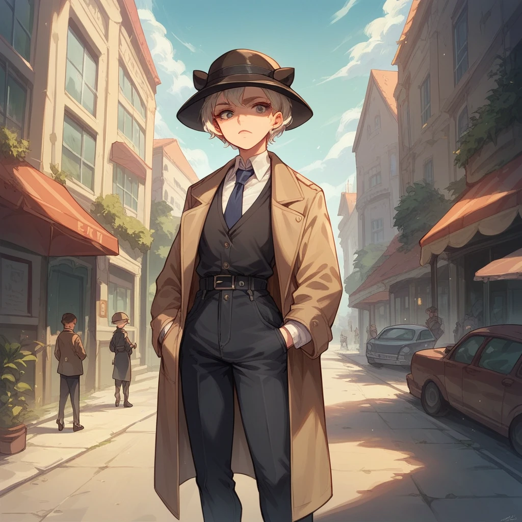Young female detective, wear black dress pants, a white blouse with a tie, He wears a short hat and wears a trench coat. In the background a city with giant buildings 