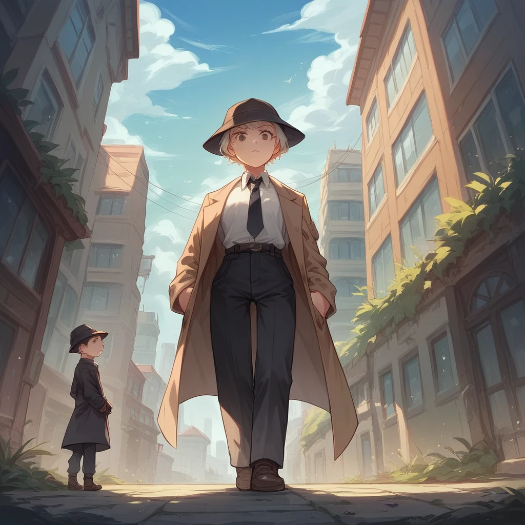Young female detective, wear black dress pants, a white blouse with a tie, He wears a short hat and wears a trench coat. In the background a city with giant buildings