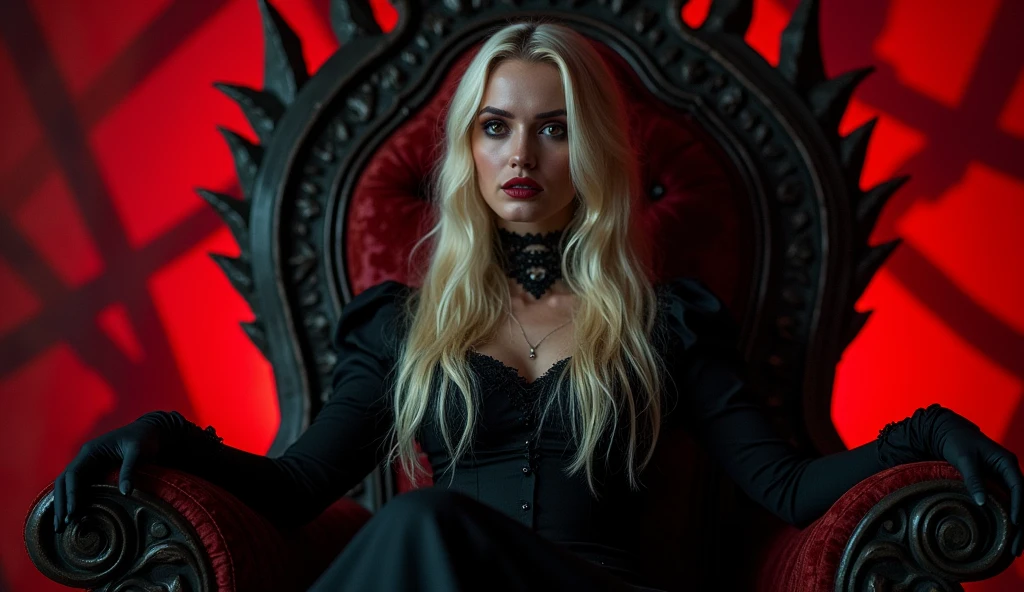 RAW Photos,black light, hair blonde, blonder woman, dark surroundings, Dark masterpiece, mulher fair brown-skinned, SITTING ON A THRONE, throne with thorns, black roses, woman in black dress, posing photo, long hair, hair blonde, black witchcraft, red geometric shiny background, full body size, Eastern fantasy theme, Eyes red, underworld, cold stare, Dark clothes, long and tight, fair brown-skinned, color classification, dark illustration, extreme quality, Radiant, extremely detaild, Face ultra detailed, ultra hd 8k, ultradigitality, mythical, black lightning, Conceital Art Portrait of Greg Rutkowski, artgerm, hyperdetailed, intricately detailed Gothic art, dark gothic fantasy style, triadic colors, Fantastic, intricate-detail, opening screen, colors complementary, fantasy concept art, 8K resolution, masterpiece of gothic deviantart, Heavy strokes, soft lighting, Surrealism