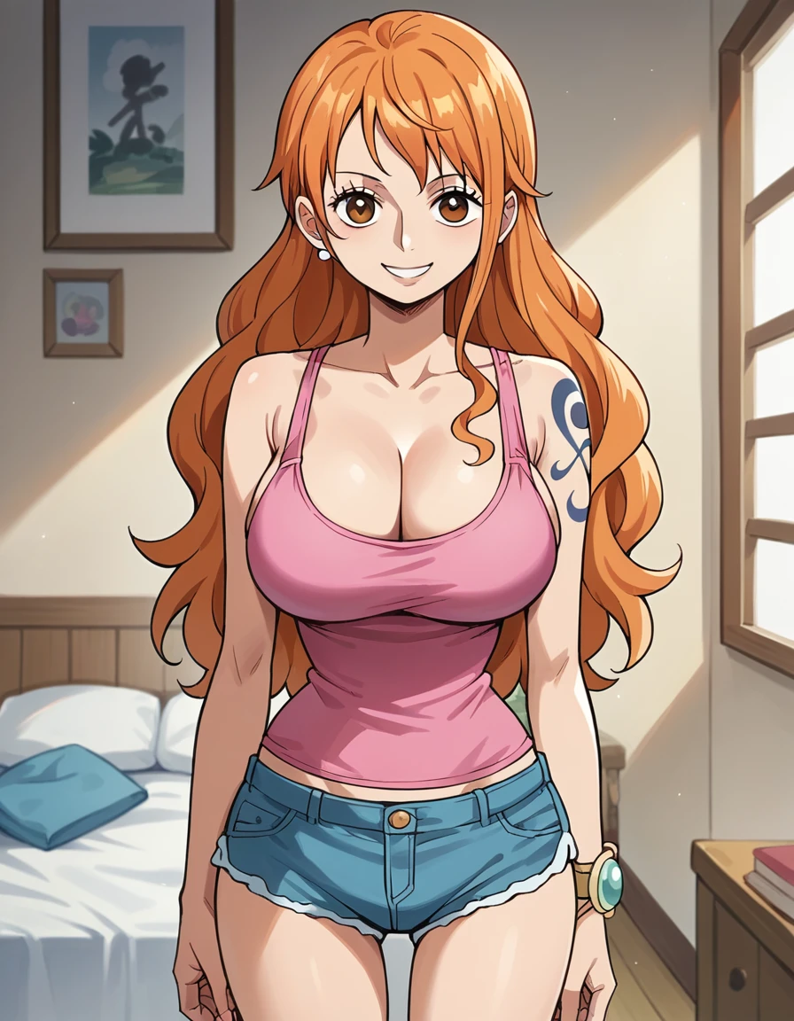 score_9, score_8_up, score_7_up, source_anime, best quality, clear face, Nami, orange hair, long hair, orange eyes, large breasts, perfect body, looking at viewer, cleavage, pink tank top, short pants, bedroom, standing, cowboy shot, smile