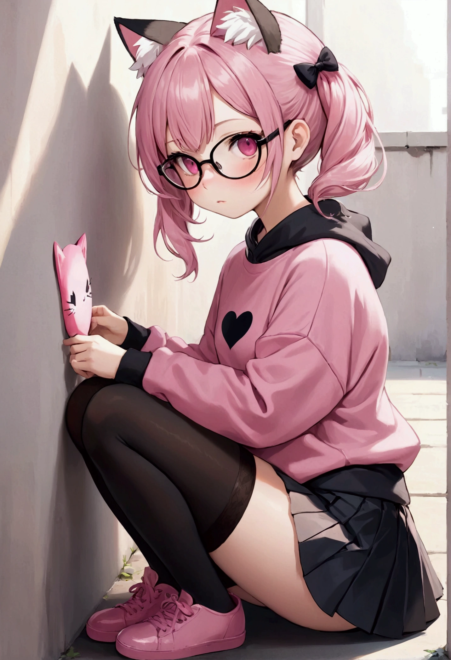 I have white pink hair, cat ears, a bun, my face is super blushing, black glasses, pink heart eyes, a big pink sweatshirt, a black skirt, black stockings, white shoes, a cat&#39;s tail, a girl. very shy that she is glued to a wall with her butt