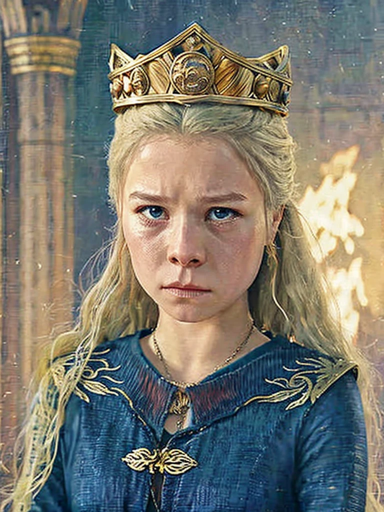 Rhaenyra crying, sad, upset, wearing her crown, upper body, photorealistic (masterpiece, best quality:1.2), 1girl, solo