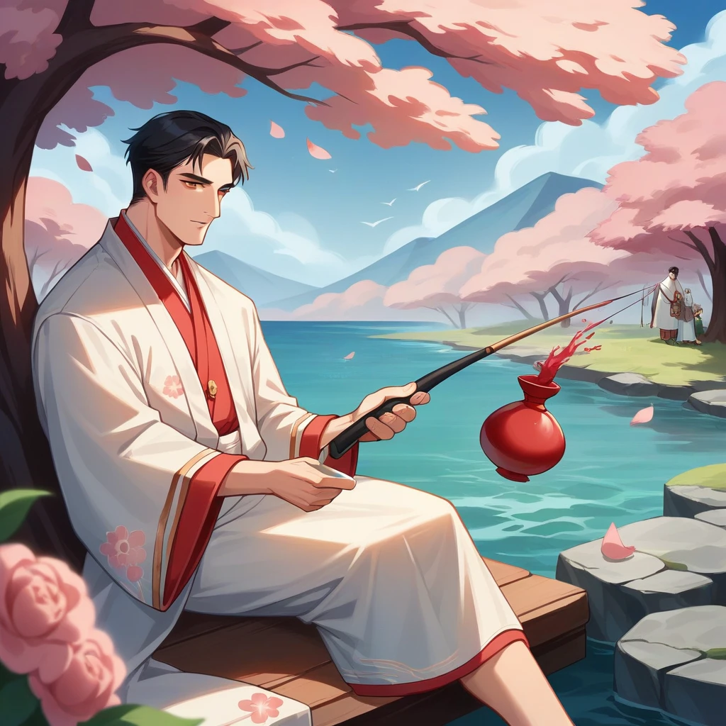 best quality,masterpiece,Ultra-high resolution,(photoactual:4:0),Peach blossom tree,One,hansome,dashing,Immortal temperament,20 year old oriental man,long hair shawl,Red and white long robe,sit on the river bank,Peach blossom tree下,Master the wine gourd in one hand,drink wine,Hold the fishing rod in the other hand,fishing