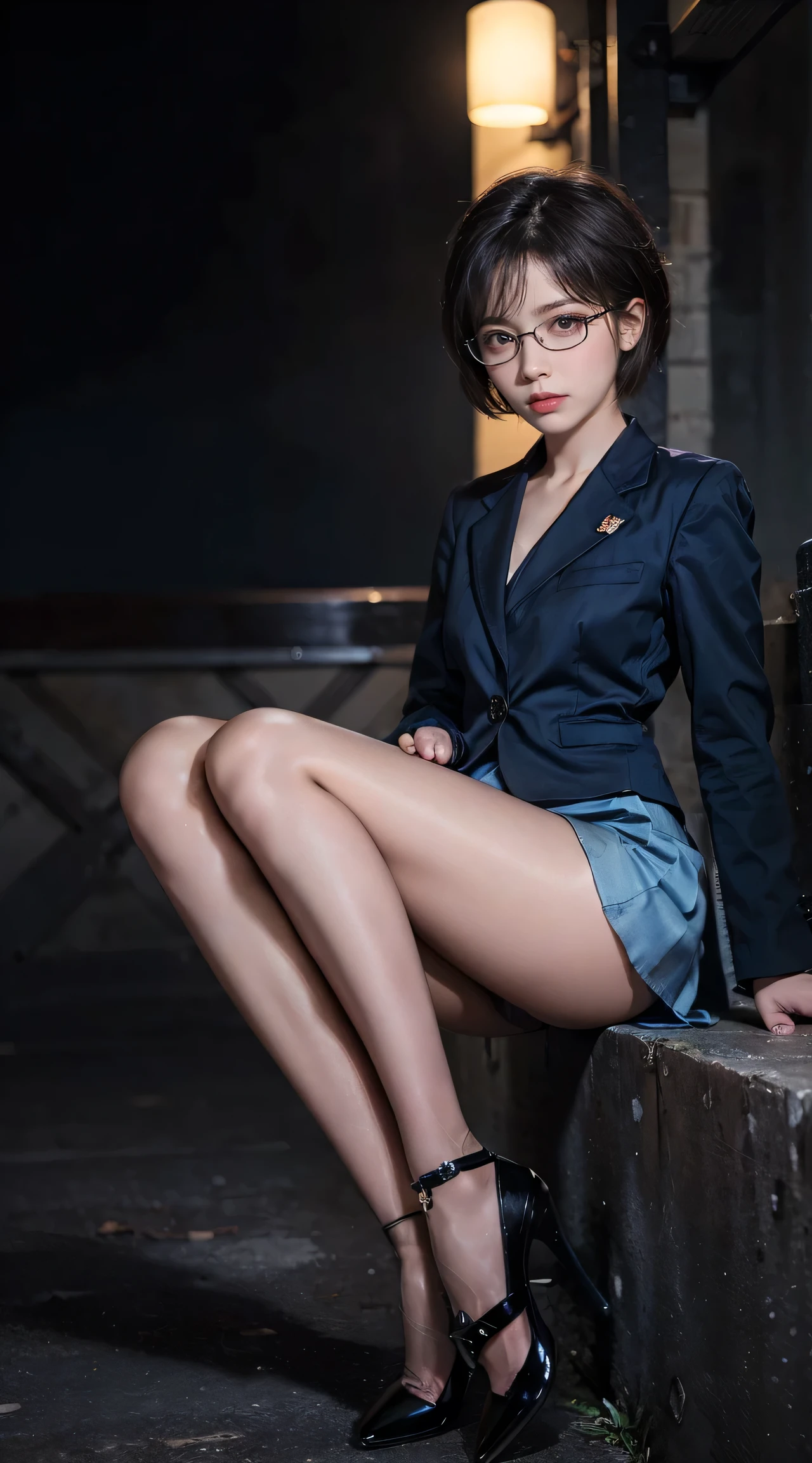 (8k, RAW Photos, 1 girl, Purple panties, Bobcut, suit, light blue skirt, High heels, Ultra-high resolution, Highest quality, masterpiece: 1.2), (Realistic photos), (very detailed cg Unity 8k wallpaper), wonderful, beautiful, wonderful, Ridiculous, Lace panties, bow, Sitting, Panty shot, Spread your legs, skirt, 21 years old, Glasses, small, Flat Chest,beautiful face,whole body,Dark look,Bright black eyes,anger, thin,difficult,Slender body,Black medium-sized oblique head,Realistic,Cute Face,Bobcut,Brown eyes,small eyes,office,whole body,Nogizaka Idol,actress, Japanese Idols
