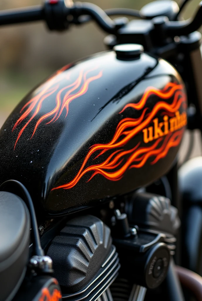Customize just the black tank of an old motorcycle (that only the image of the tank appears ,on the full motorcycle!!) ,with the name zukinha  ,and that this tank has some flames of fire in its paintwork like the ghost rider&#39;s motorcycle , and that the style used is in the idea of hand painted ! important 