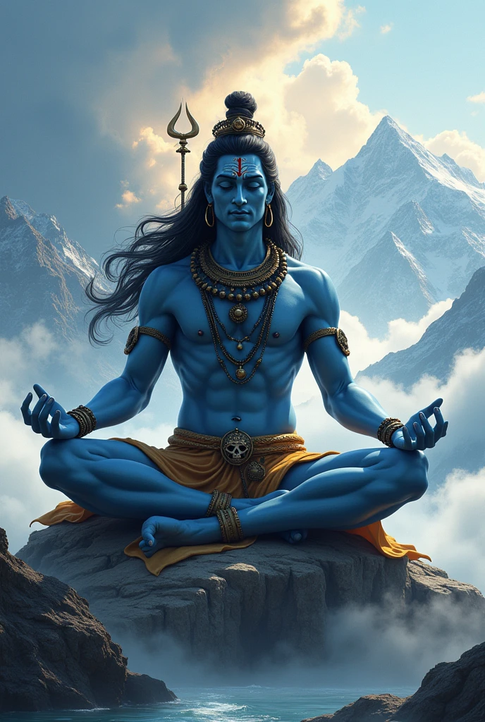 "Create a majestic and serene depiction of Lord Shiva, the Hindu god of destruction and transformation. He should be shown seated in a meditative posture on a mountaintop, surrounded by swirling clouds. His skin is a deep blue, symbolizing his cosmic nature, and he wears a tiger skin as a loincloth. Adorn him with a crescent moon on his head, flowing long hair, and a garland of skulls. In one hand, he holds a trident (trishula), while the other hand is in a gesture of blessing. The background features the Himalayas, with the Ganges River flowing nearby, and the scene is illuminated by a soft, divine light."