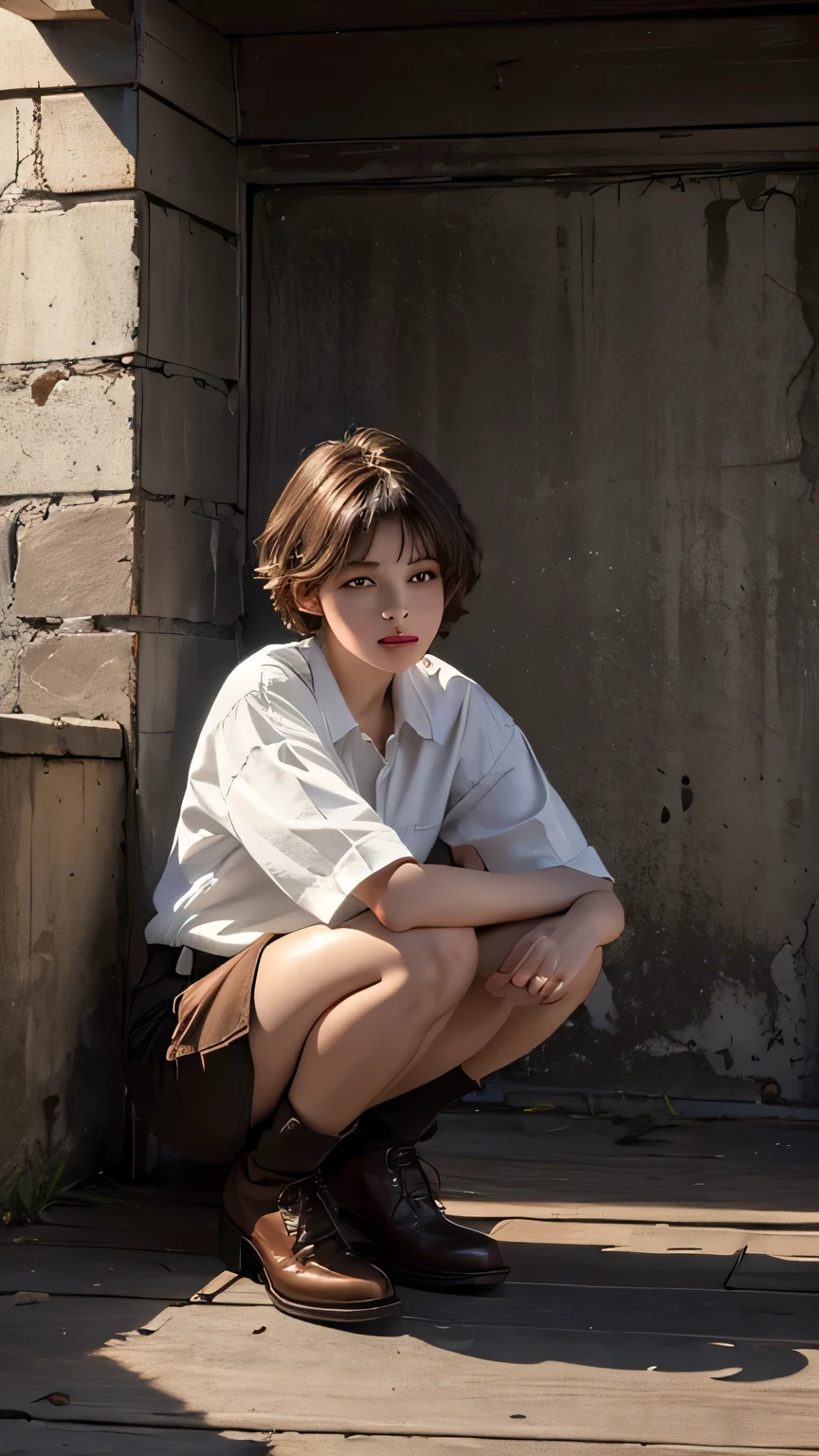 (8k, highest quality, masterpiece: 1.4), Super detailed, highest quality, Ultra-high resolution, Depth of written boundary,(Photorealistic:1.4,RAW shooting,)Ultra-Realistic Capture,(Very detailed,High definition 16k), cute, girl, short hair, Brown Hair, Crouching