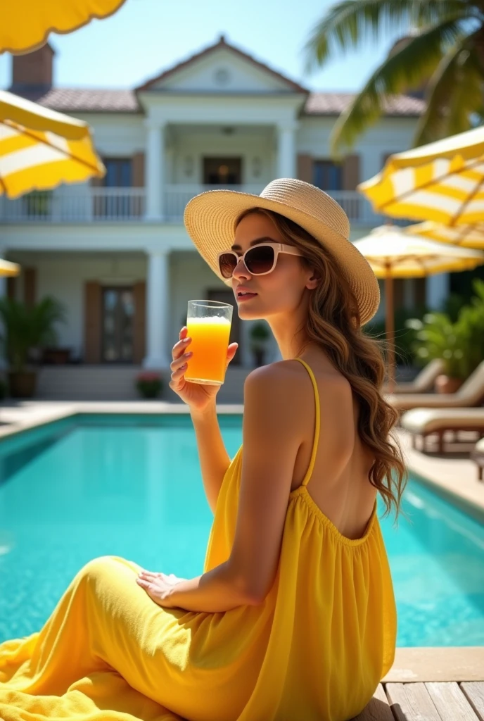 A beautiful woman dressed in a yellow linen dress wearing wide brimmed hat and sunglasses drinking a glass of orange juice by sitting by a swimming pool with yellow and white striped outdoor umbrellas and in the garden of a huge White colonial House. Image to be clear with no bluriness