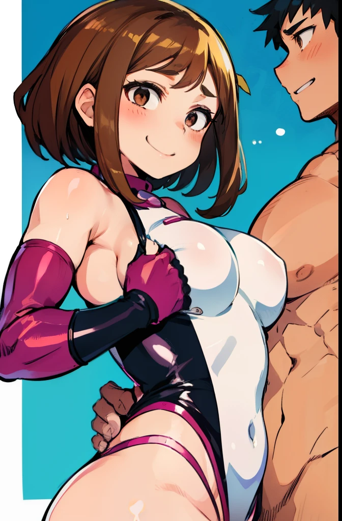 Browsing Caution:1.5,Ochako Uraraka, sorry、My hair is brown.,Naughty smile、 With eyes wide open、Bodysuits, Big Lips, outside, Curvy、((1 muscular boy, a muscular boy is grabbing girl’s breasts from behind))、Overflowing sexual fluid