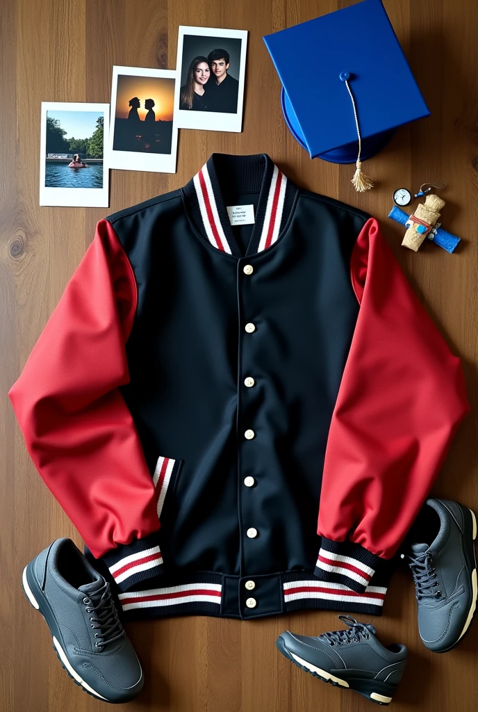 The cover of a book.

A table with a black varsity jacket with red sleeves and white lines on it.

The table will also have a royal blue graduation cap..

Next to the jacket 3 Polaroid type photos.

In one of the photos you will see the silhouette of two teenage boys sitting together watching a sunset..

In another you will see two boys in a pool sitting on the edge.

And in the other photo a boy with a graduation cap whose face will not be seen.