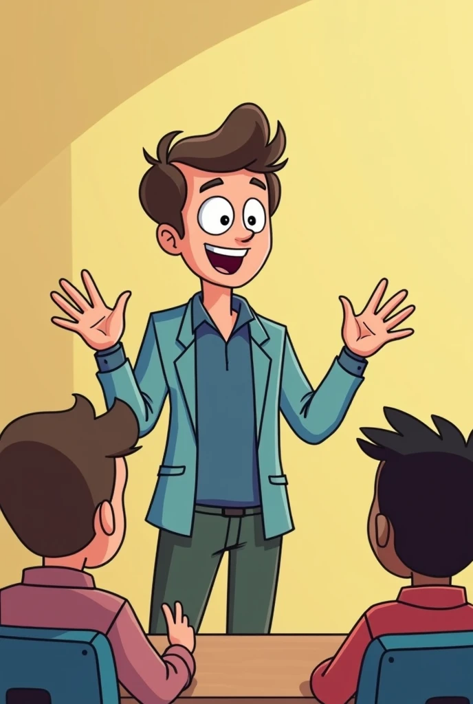 Create a cartoon of a teacher congratulating his students for a good job.